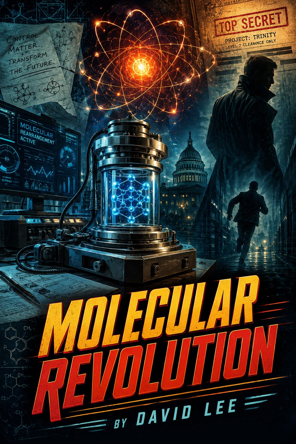 Cover of Molecular Revolution by David Lee: a glowing atom above a steel machine, a man in a long coat, and the Capitol dome at night.